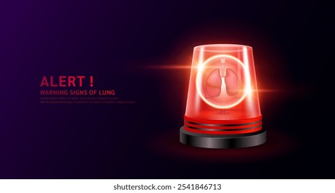 Órgano pulmonar humano dentro de la luz roja de la sirena. Signos de peligro de enfermedad cardíaca. Advertencia de emergencia de alerta intermitente. Señal de socorro médico. Vector EPS10.