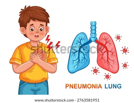Lung pneumonia, pulmonary respiratory system disease. Boy child feel chest pain. Breathing organ health. Bronchitis inflammation, cough, asthma medical treatment. Coronavirus virus infection. Vector 