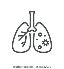 Lung Pollution Line Icon. Vector Thin Outline Illustration of Damaged Lungs with Airborne Contaminants, Health and Environmental Awareness Symbol