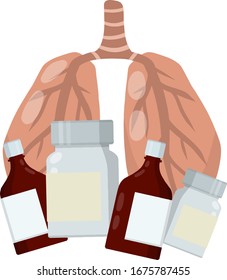 Pulmón. Problema con la respiración. Atención médica. Órganos humanos internos. Dibujo plano de caricatura. Salud y tratamiento. Conjunto de envases con píldora y medicamento