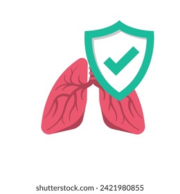 Lung protection flat icon. Color icon of lungs and shield as a symbol of protection from viruses and diseases. Vector illustration flat design. Isolated on white background.