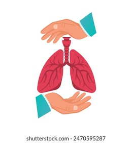 Lung protection. Safety human. The doctor's hands protect the human lungs. The concept of maintaining health. Vector illustration flat design. Isolated on white background.