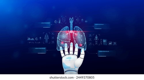 Lung scanning robot doctor diagnose disease on hand. Screen digital interface of system MRI scan of human body organ DNA analysis. Future health care innovation. Science medical technology. Vector.