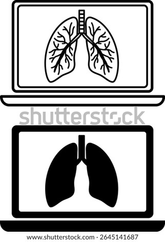 Lung Screening Icons. Black and White Vector Illustrations. Lung Examination Complex, Disease Detection. Computer Tomography, Medicine. Lung Disease Concept