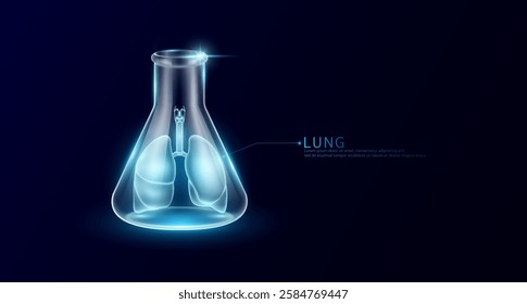 Lung transparent in beaker glass triangle test tube on dark blue background. Internal organ anatomy sample medical science experiment. Research genetic scientific concept. Vector EPS10.