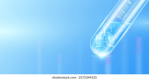 Lung transparent and molecule in glass test tube with empty space for text. Human internal organ anatomy sample science research experiment. Medical scientific concept. Banner vector.