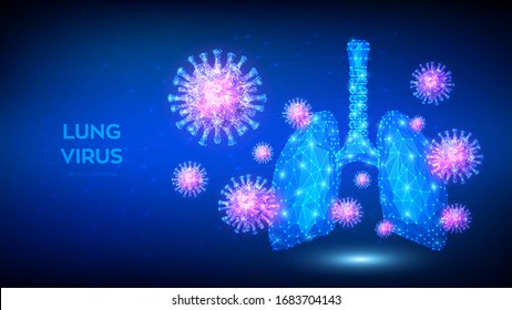 Lung virus. Abstract low polygonal Covid-19 virus cells in human lungs. Infected Coronavirus 2019-nCov lungs medical concept. Lung disease, pneumonia, asthma, cancer, tuberculosis. Vector illustration