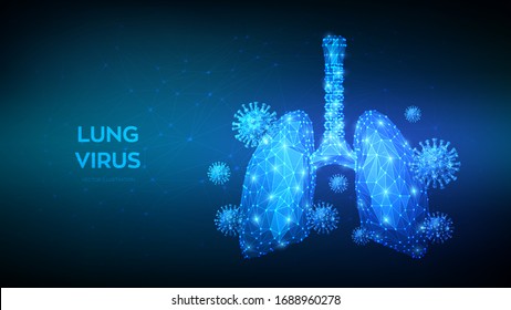 Lung virus. Abstract low polygonal Covid-19 virus cells in human lungs. Infected Coronavirus 2019-nCov lungs medical concept. Lung disease, pneumonia, asthma, cancer, tuberculosis. Vector illustration