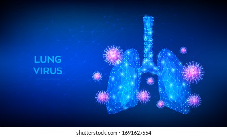 Lung virus. Abstract low polygonal Covid-19 virus cells in human lungs. Infected Coronavirus 2019-nCov lungs medical concept. Lung disease, pneumonia, asthma, cancer, tuberculosis. Vector illustration