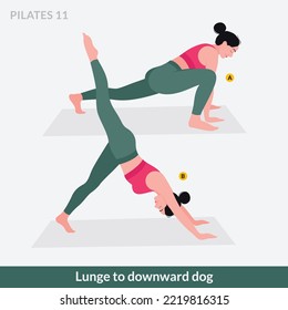 Lunge to downward dog exercise, Woman workout fitness, pilates exercise