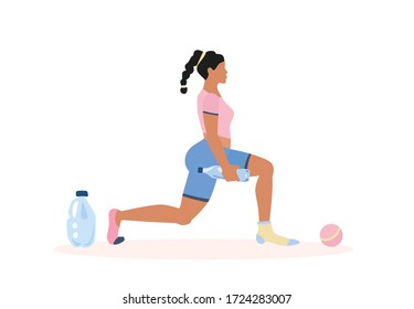 Lunge exercise with bottle of water instead barbell or kettlebell. Fitness at home during coronavirus lockdown. Plump latin woman in sportswear. Isolated on white flat vector.