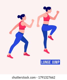 Lunge Jump Exercise, Woman Workout Fitness, Aerobic And Exercises. Vector Illustration.