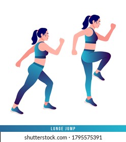 LUNGE JUMP Exercise, Woman Workout Fitness, Aerobic And Exercises. Vector Illustration.