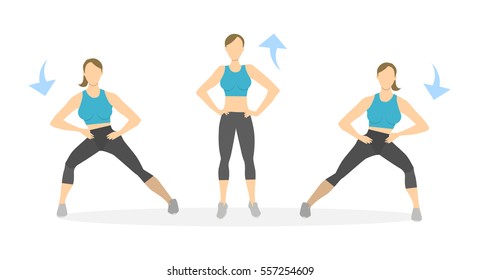 Lunges exercise for legs on white background. Healthy lifestyle. Workout for legs. Exercises for women. SIde lunges.