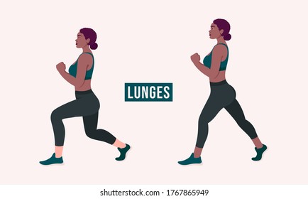 Lunges exercise, Woman workout fitness, aerobic and exercises. Vector Illustration.