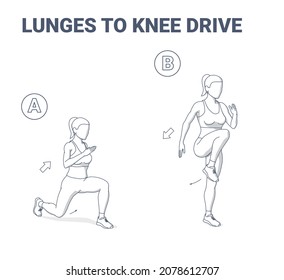 Lunges to Knee Drive Cardio Bunny Home Exercise Guidance. Reverse Lunges to Knee Hops Athletic Young Woman in Sportswear Top, Leggings, and Sneakers Does Fitness Workout Exercise.