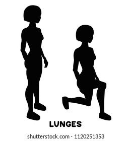 Lunges. Sport exersice. Silhouettes of woman doing exercise. Workout, training Vector illustration