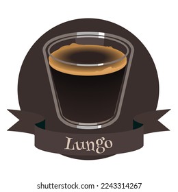 Lungo italian coffee, espresso with more water served in a glass. Colorful illustration for cafe and restaurant menu.