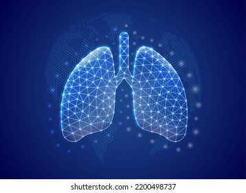 Lungs 3d low poly symbol with blue world map background. Reproductive system concept design vector illustration. Organ anatomy polygonal symbol