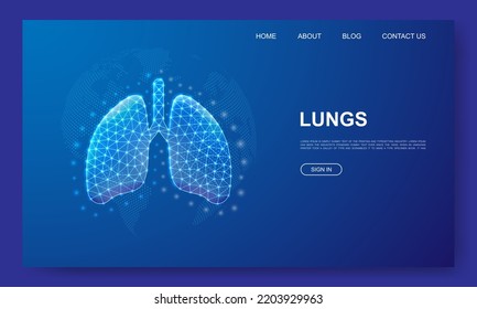 Lungs 3d low poly website template. Respiratory system design illustration concept. Polygonal Organ anatomy symbol for landing page, advertising page.