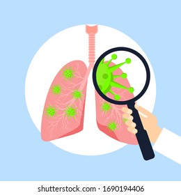 Lungs affected by a COVID-19. Medic with a magnifying glass inspecting the affected lung pneumonia. A concept on the treatment of the coronavirus.