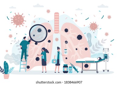 Pulmones afectados por neumonía. Ataques de coronavirus y causa enfermedades. Médico tratando al paciente. Mujer en la cama. Pandemia Covid-19. Problemas de salud, enfermedades del tracto respiratorio. Ilustración vectorial plana