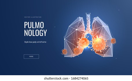 Lungs affected virus. Low poly wireframe style. Visual presentation of lung diseases such as pneumonia, acute respiratory infections, pneumonia. Polygonal abstract isolated on blue background. Vector