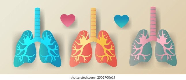 Concepto de anatomía de los pulmones tres pulmones coloridos con corazones de papel cortado tema médico pastel de fondo