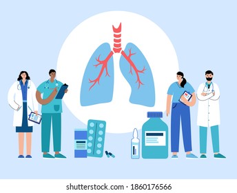 Lungs anatomy, respiratory system disease. Patients help and doctors consult in pulmonology clinic. Tuberculosis, pneumonia and asthma diagnosis. Human internal organs medical flat vector illustration