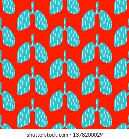 Lungs blue and turquoise hand drawn seamless pattern in cartoon style red font minimalism