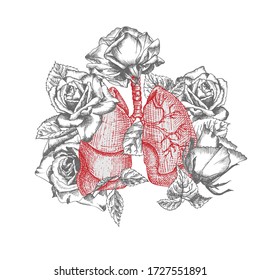 Lungs with bouquet roses Realistic hand-drawn icon of human internal organ and flower frame. Engraving art. Sketch style. Design concept for medical post-viral rehabilitation posters, tattoos Vector
