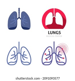Lungs bronchus healthy vector logo icon and bronchial tuberculosis disease as asthma or breath illness flat cartoon and line outline illustration isolated, bronchi silhouette shape organ ache