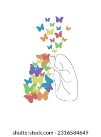 Lungs with Butterflies. Healthy ecological anti tuberculosis concept vector illustration. Mental health, breath artwork isolated on white. 