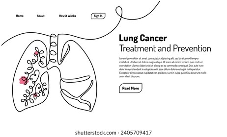 El cáncer de pulmón es un dibujo de una línea de arte continuo. Plantilla web de la página de inicio. Concepto médico para la ilustración de órganos humanos vectores.