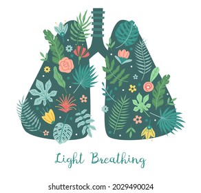 Lungs care. Light breathing concept. Cartoon body respiratory organ with green plant leaves and flowers. Healthy respiration. Fresh air. Vector clean environment and nature protection