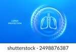 Lungs care and protection. Healthy lungs medical concept. Human respiratory system anatomy lungs organ icon inside protection sphere shield with hexagon pattern on blue background. Vector illustration