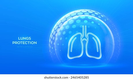 Lungs care and protection. Healthy lungs medical concept. Human respiratory system anatomy lungs organ icon inside protection sphere shield with hexagon pattern on blue background. Vector illustration