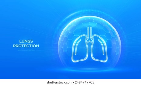 Lungs care and protection. Healthy lungs medical concept. Human respiratory system anatomy lungs organ icon inside protection sphere shield with hexagon pattern on blue background. Vector illustration