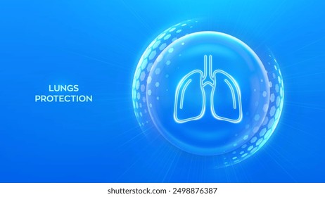 Cuidado y protección pulmonar. Concepto médico de pulmones sanos. Anatomía del sistema respiratorio humano pulmones órgano icono dentro de la esfera de protección escudo con patrón hexagonal sobre fondo azul. Ilustración vectorial