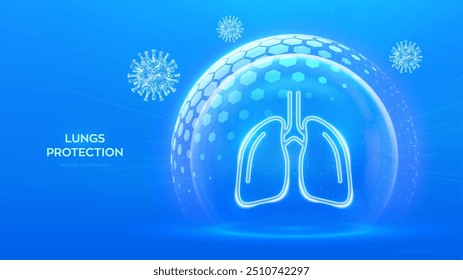 Cuidados pulmonares. Protección antivirus. Protección antiviral de los pulmones. Anatomía del sistema respiratorio humano pulmones icono de órgano dentro del escudo de la esfera de protección con patrón hexagonal. Célula del virus. Ilustración vectorial