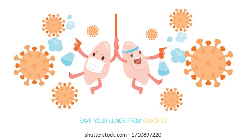 Lungs Cartoon Character Wearing Surgical Mask And Face Shield Spraying Alcohol Spray, Fight Against Coronavirus Disease, Covid-19, Healthcare, Respiratory, Safety