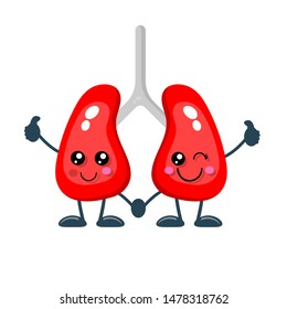 Lungs character concept. very cute smiling happy lungs with Giving thumb Up. Vector flat cartoon illustration. Isolated on white background. 