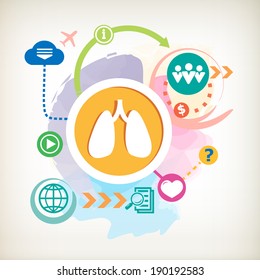 Lungs and cloud on abstract colorful water color background with different icon and elements. Design for the print, advertising.