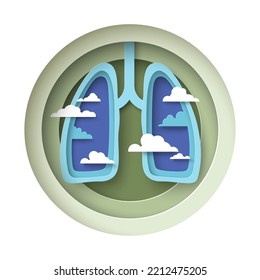 Lungs with clouds origami paper cut vector. Medical 3d poster. Pulmonary disease awareness illustration. Health breathing and ecology concept