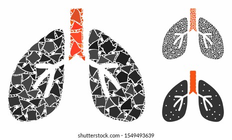 Lungs composition of ragged elements in different sizes and shades, based on lungs icon. Vector ragged dots are combined into collage. Lungs icons collage with dotted pattern.