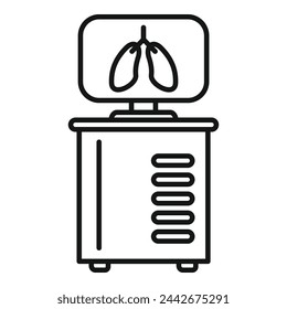 Vector de contorno de icono de diagnóstico de computadora de pulmones. Anatomía y salud. Examen departamental