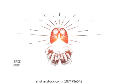 Lungs concept. Hand drawn human lungs in hands. Concept of World Tuberculosis Day isolated vector illustration.