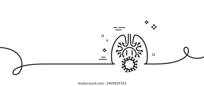 Lungs with coronavirus line icon. Continuous one line with curl. Pneumonia disease sign. Respiratory distress symbol. Coronavirus lungs single outline ribbon. Loop curve pattern. Vector