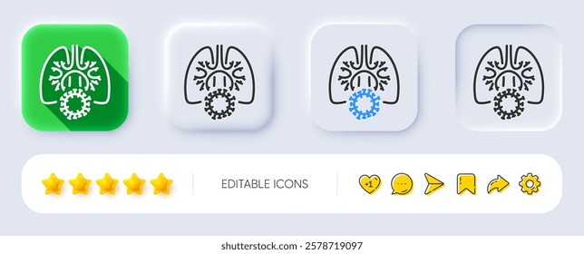 Lungs with coronavirus line icon. Neumorphic, Flat shadow, 3d buttons. Pneumonia disease sign. Respiratory distress symbol. Line coronavirus lungs icon. Social media icons. Vector