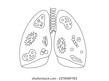 Los pulmones están cubiertos de bacterias y virus. Causa bacteriana de neumonía. Día Mundial de la Neumonía. Un dibujo de línea para diferentes usos. Ilustración vectorial.